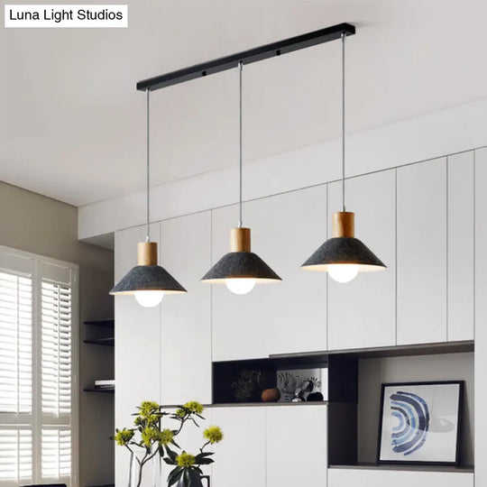 Industrial Grey Pendant Lighting With Conical Shape - 3 Lights Wooden Cap Perfect For Dining Room