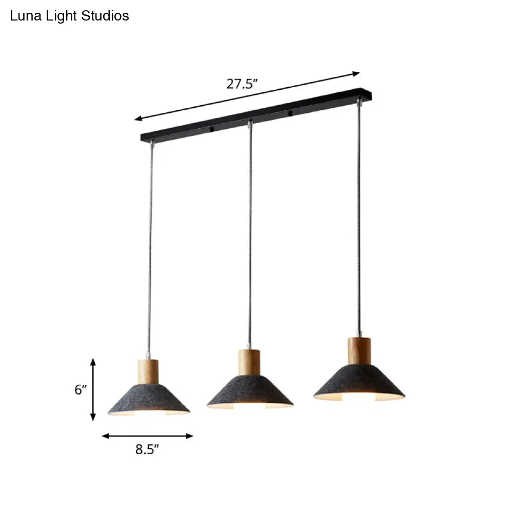 Industrial Grey Pendant Lighting With Conical Shape - 3 Lights Wooden Cap Perfect For Dining Room