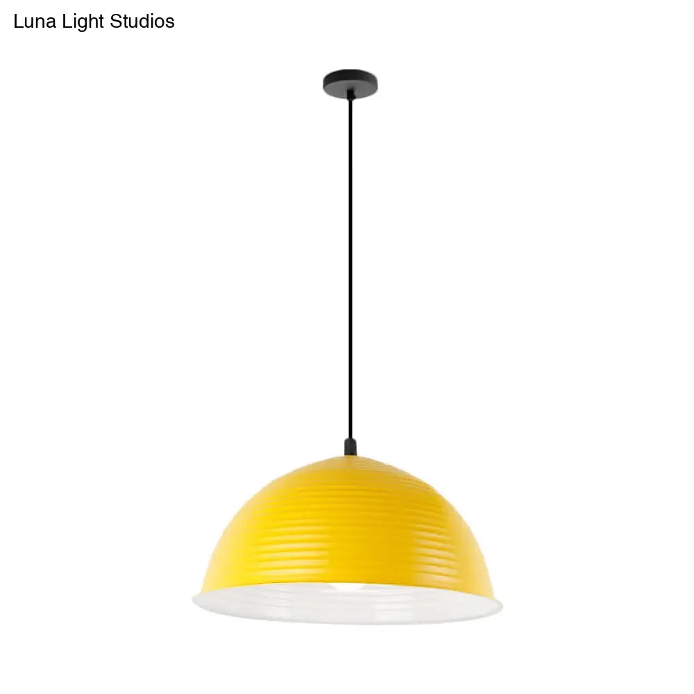 Industrial Grey/Yellow Hanging Lamp With Ribbed Dome Shade - 1 Light 12’/16’ Wide Metal Indoor