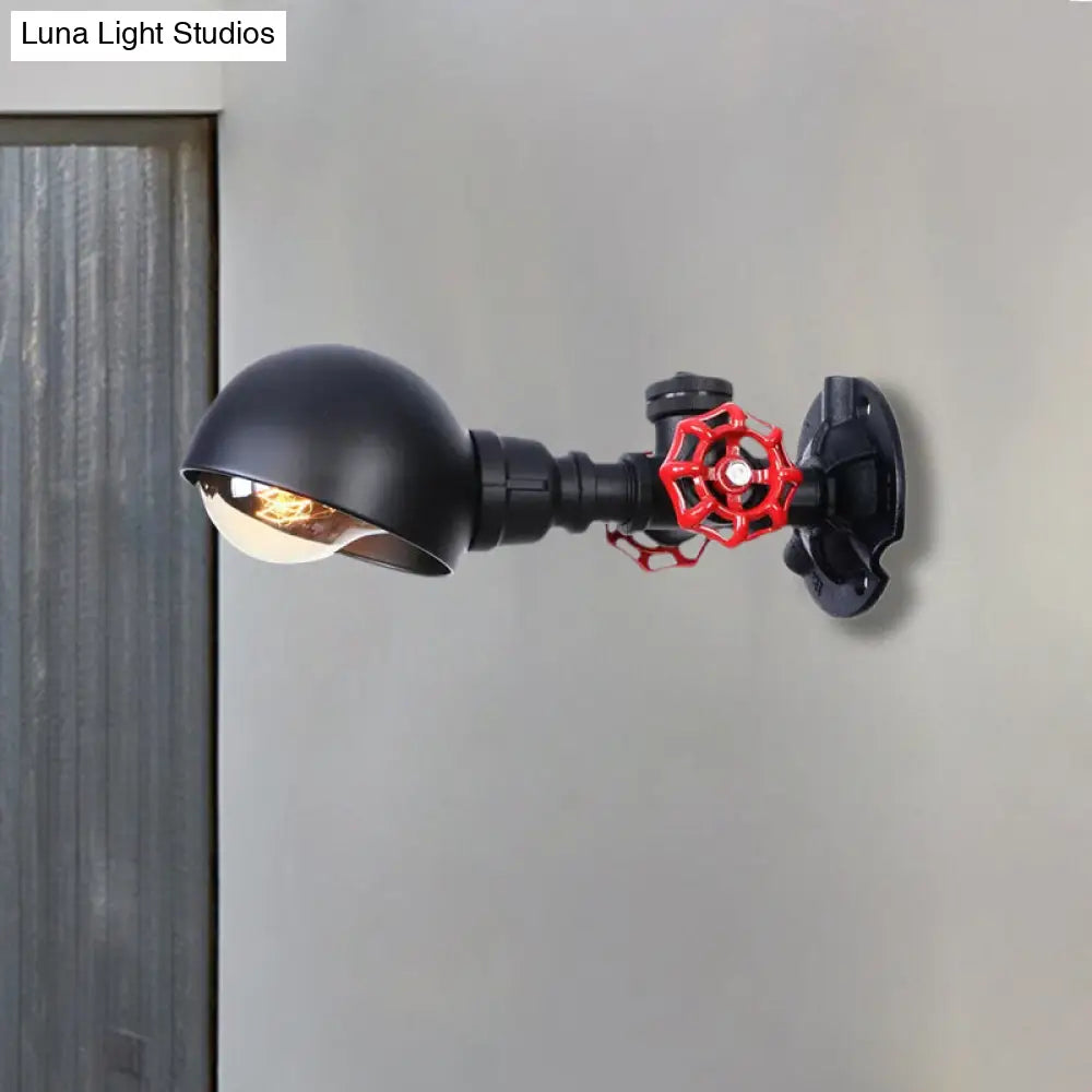 Industrial Half Globe Wall Lamp With Red Valve Decoration In Black - 1 Light Metal Sconce