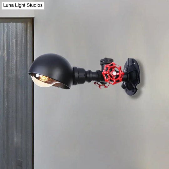 Industrial Half Globe Wall Lamp With Red Valve Decoration In Black - 1 Light Metal Sconce