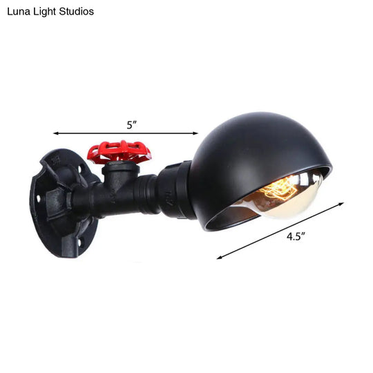 Industrial Half Globe Wall Lamp With Red Valve Decoration In Black - 1 Light Metal Sconce