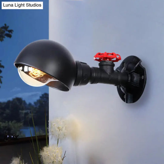 Industrial Half Globe Wall Lamp With Red Valve Decoration In Black - 1 Light Metal Sconce