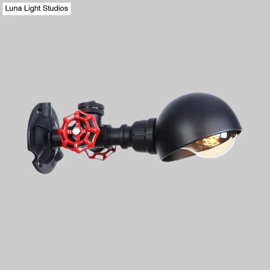 Industrial Half Globe Wall Lamp With Red Valve Decoration In Black - 1 Light Metal Sconce