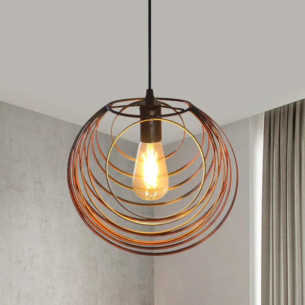 Industrial Hanging Lamp: 1-Light Globe Wire Cage Pendant - Black/Silver/Rust Tone Rust