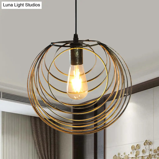 Industrial Hanging Pendant Light With Wire Cage And Globe Design - 1 Black/Silver/Rust Gold