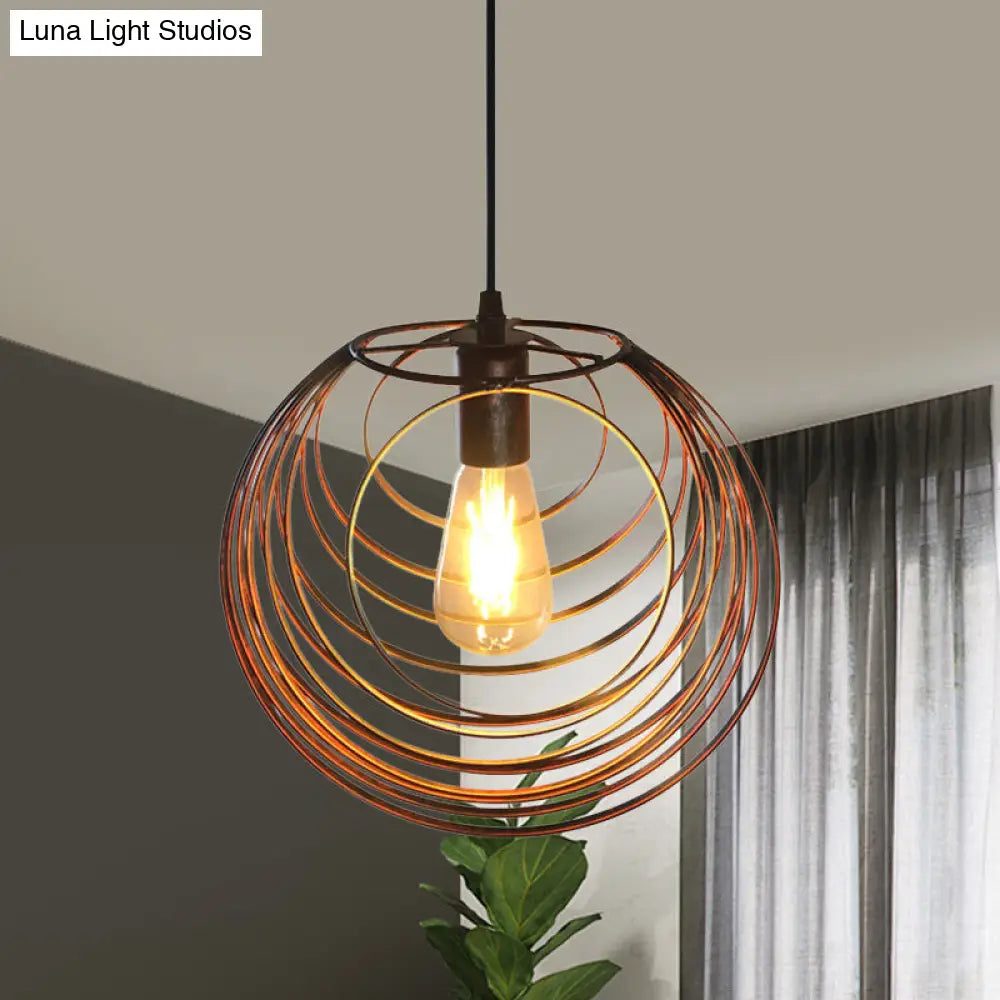 Industrial Hanging Pendant Light With Wire Cage And Globe Design - 1 Black/Silver/Rust