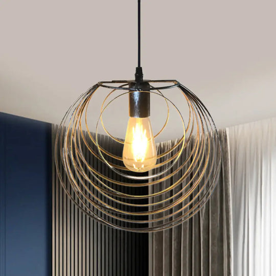 Industrial Hanging Lamp: 1-Light Globe Wire Cage Pendant - Black/Silver/Rust Tone Silver