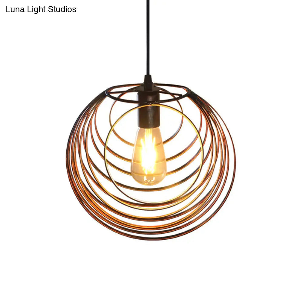 Industrial Hanging Lamp: 1-Light Globe Wire Cage Pendant - Black/Silver/Rust Tone