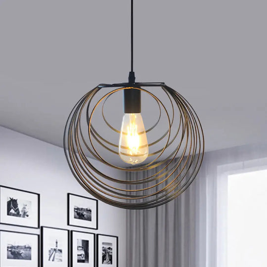 Industrial Hanging Lamp: 1-Light Globe Wire Cage Pendant - Black/Silver/Rust Tone Black