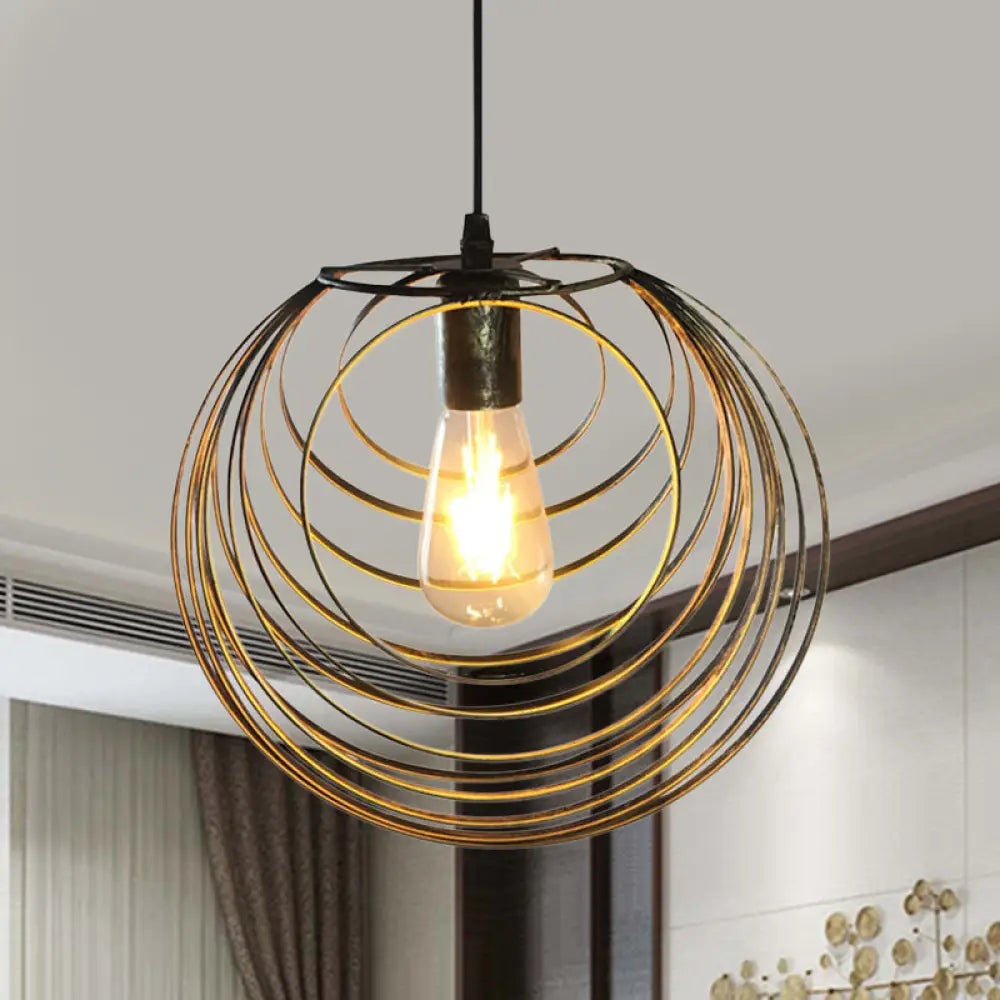Industrial Hanging Lamp: 1-Light Globe Wire Cage Pendant - Black/Silver/Rust Tone Gold