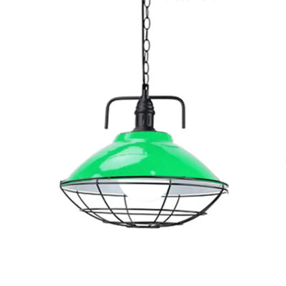 Industrial Hanging Lamp: 11’/14’ Dia 1-Light Dome Pendant Black/Blue Metal With Wire Cage For