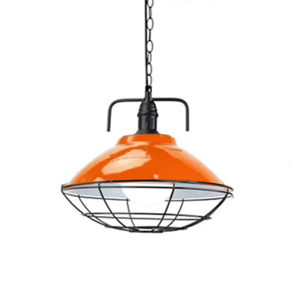 Industrial Hanging Lamp: 11’/14’ Dia 1-Light Dome Pendant Black/Blue Metal With Wire Cage For
