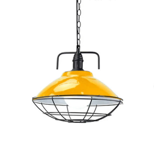 Industrial Hanging Lamp: 11’/14’ Dia 1-Light Dome Pendant Black/Blue Metal With Wire Cage For