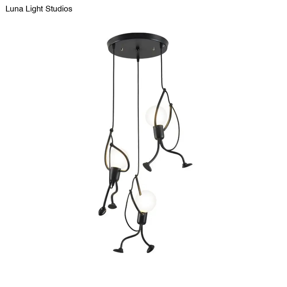 Industrial Hanging Light Fixture - Iron Human Shape With 3-Bulb Cluster In Black Perfect For