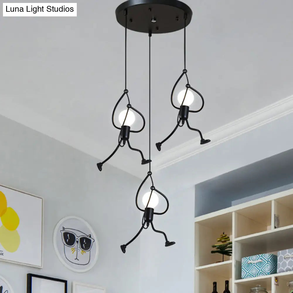 Industrial Hanging Light Fixture With Human Shape Design - 3-Bulb Restaurant Pendant Lamp In Black