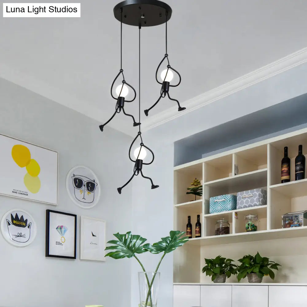 Industrial Hanging Light Fixture With Human Shape Design - 3-Bulb Restaurant Pendant Lamp In Black