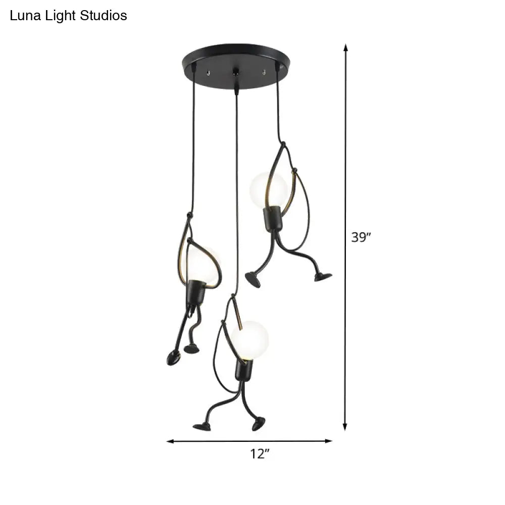 Industrial Hanging Light Fixture With Human Shape Design - 3-Bulb Restaurant Pendant Lamp In Black