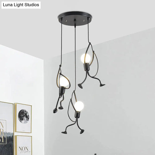 Industrial Hanging Light Fixture - Iron Human Shape With 3-Bulb Cluster In Black Perfect For