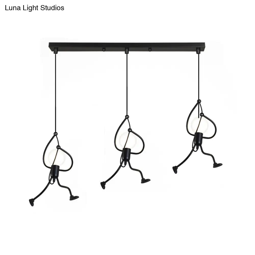 Industrial Hanging Light Fixture With Human Shape Design - 3-Bulb Restaurant Pendant Lamp In Black