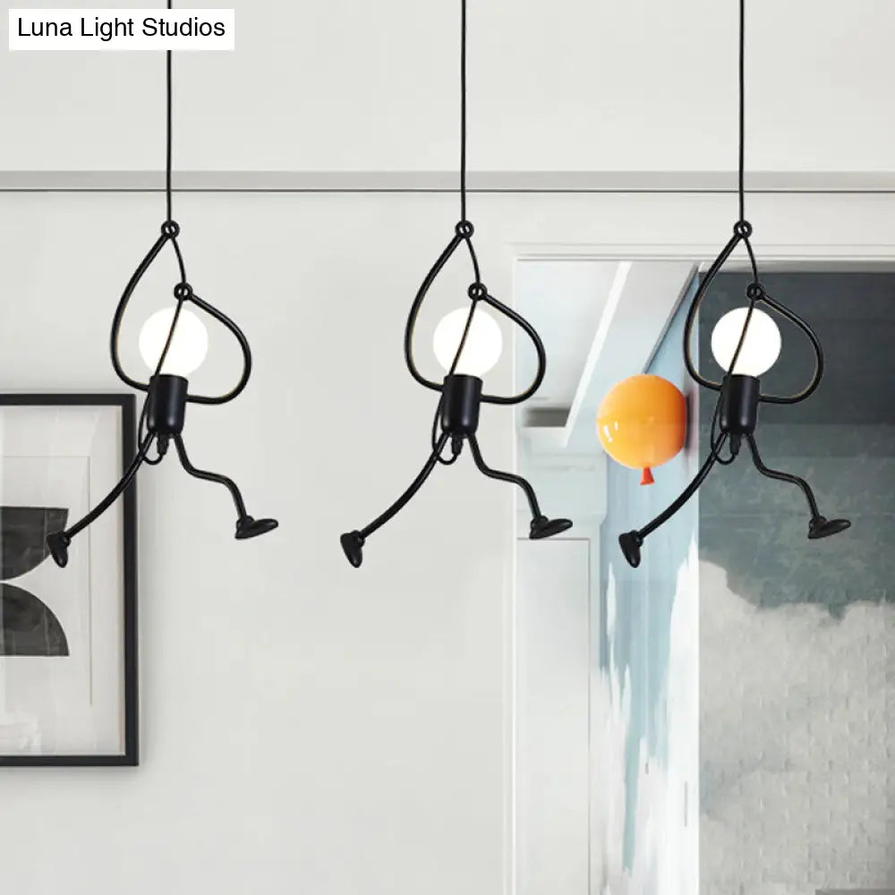 Industrial Hanging Light Fixture - Iron Human Shape With 3-Bulb Cluster In Black Perfect For