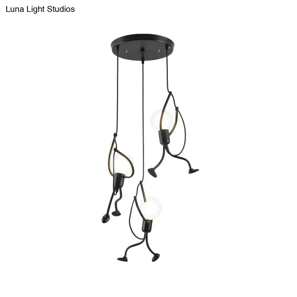 Industrial Hanging Light Fixture With Human Shape Design - 3-Bulb Restaurant Pendant Lamp In Black