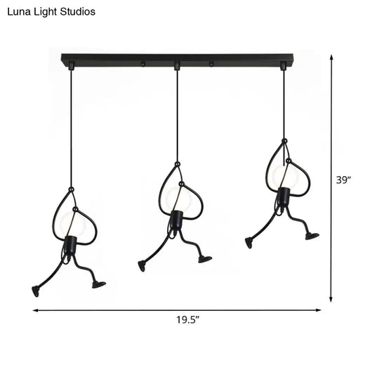 Industrial Hanging Light Fixture - Iron Human Shape With 3-Bulb Cluster In Black Perfect For