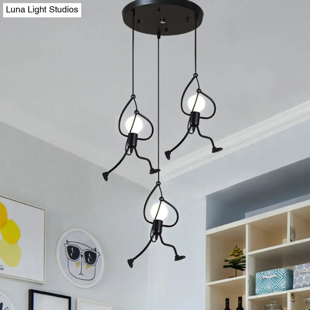 Industrial Hanging Light Fixture - Iron Human Shape With 3-Bulb Cluster In Black Perfect For