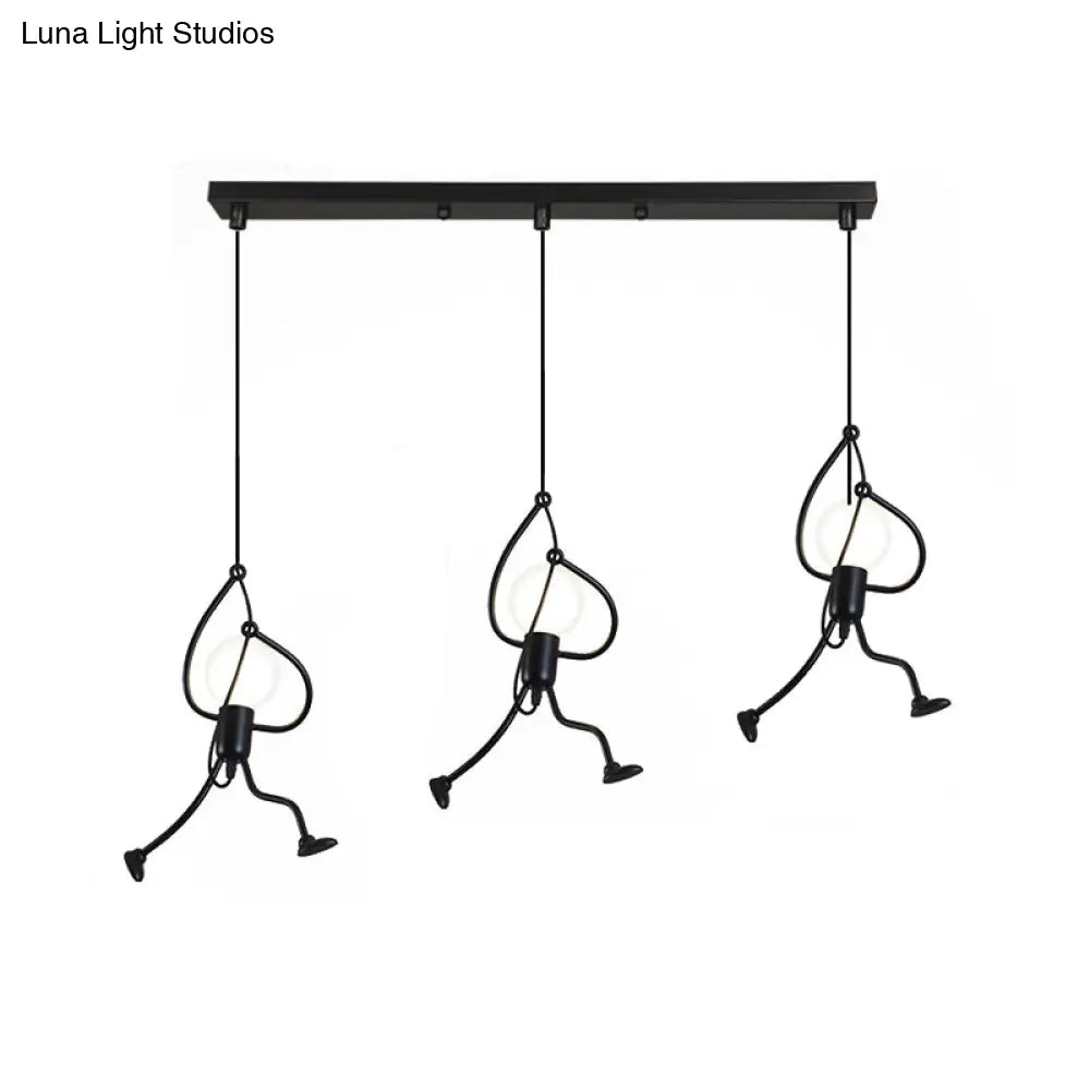 Industrial Hanging Light Fixture - Iron Human Shape With 3-Bulb Cluster In Black Perfect For