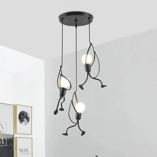 Industrial Hanging Light Fixture With Human Shape Design - 3-Bulb Restaurant Pendant Lamp In Black