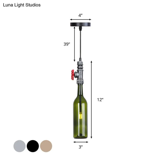 Industrial Hanging Pendant Lamp With Wine Bottle Glass Shades In Black Silver Or Bronze Finish