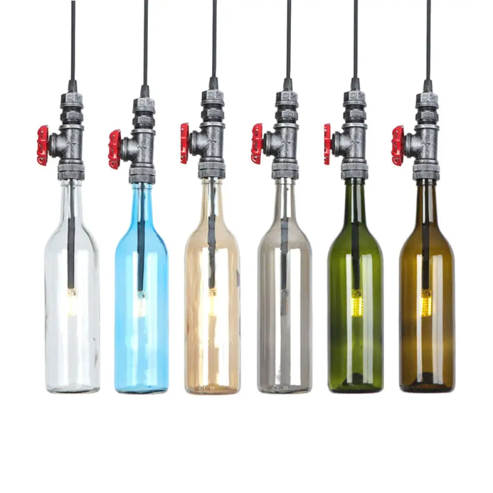 Industrial Hanging Pendant Lamp With Wine Bottle Glass Shades In Black Silver Or Bronze Finish Aged