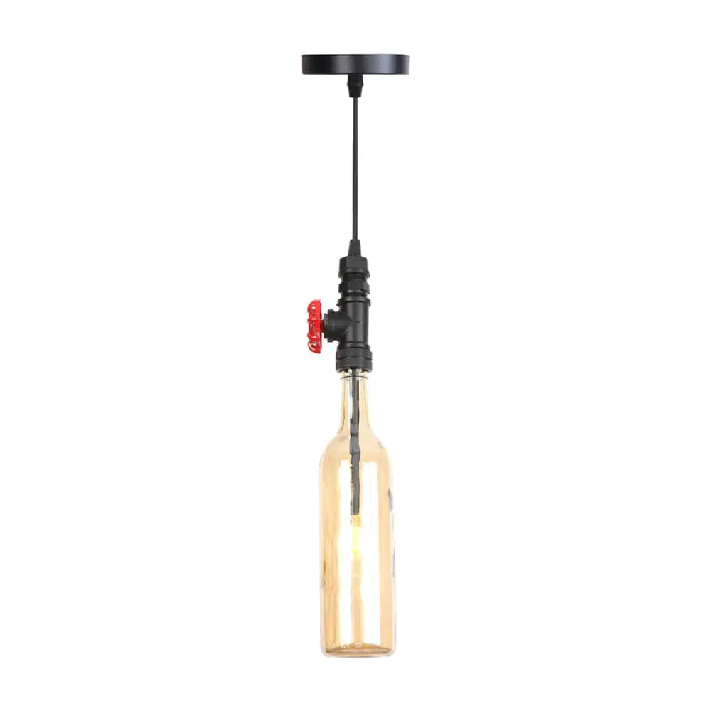 Industrial Hanging Pendant Lamp With Wine Bottle Glass Shades In Black Silver Or Bronze Finish /