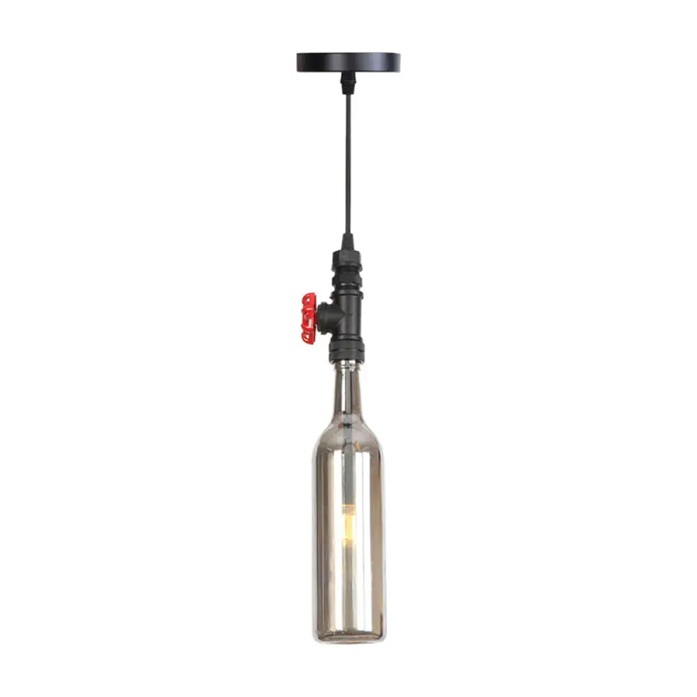 Industrial Hanging Pendant Lamp With Wine Bottle Glass Shades In Black Silver Or Bronze Finish /