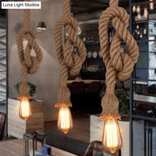 Industrial Exposed Bulb Pendant Light With Hemp Rope Hanging Lamp - Beige