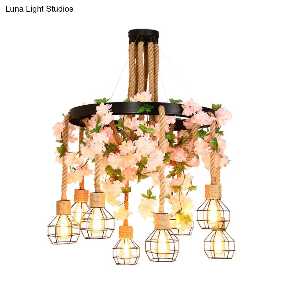 Industrial Hemp Rope Restaurant Cluster Pendant With 8 Exposed Bulb Pink/Green Led Drop Lamp And