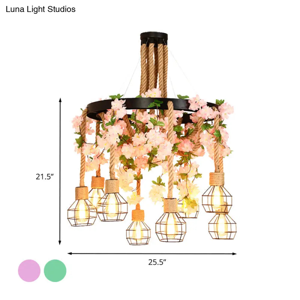 Industrial Hemp Rope Restaurant Cluster Pendant With 8 Exposed Bulb Pink/Green Led Drop Lamp And