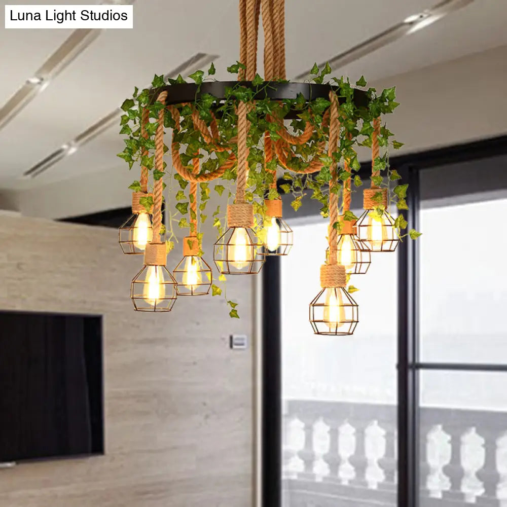 Industrial Hemp Rope Restaurant Cluster Pendant With 8 Exposed Bulb Pink/Green Led Drop Lamp And