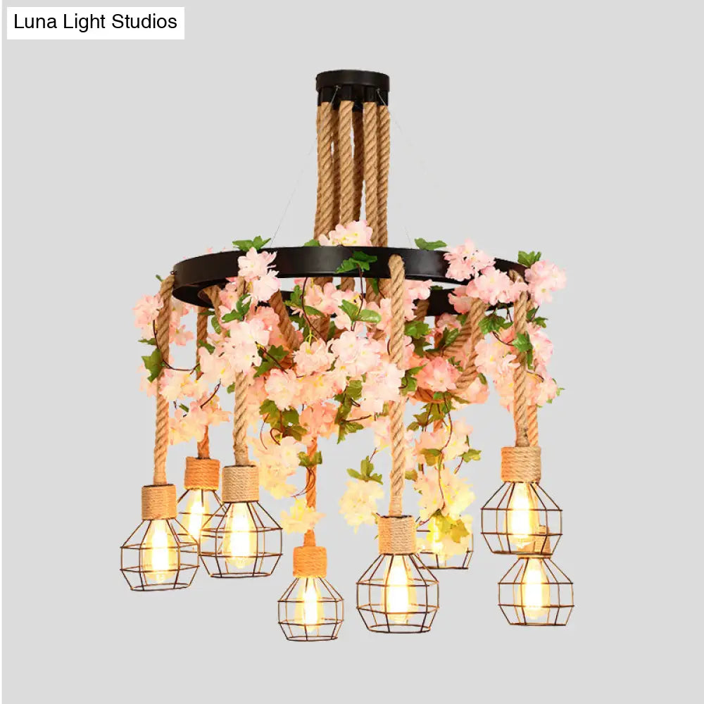 Industrial Hemp Rope Restaurant Cluster Pendant With 8 Exposed Bulb Pink/Green Led Drop Lamp And