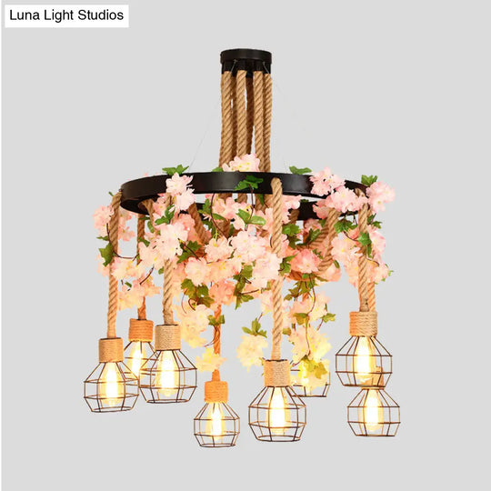 Industrial Hemp Rope Restaurant Cluster Pendant With 8 Exposed Bulb Pink/Green Led Drop Lamp And