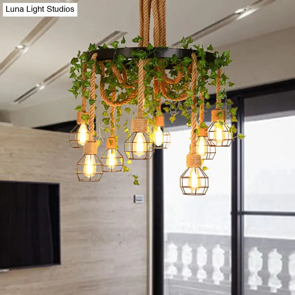 Hemp Rope Cluster Pendant With 8 Led Exposed Bulbs - Pink/Green Drop Lamp Flower/Plant Industrial