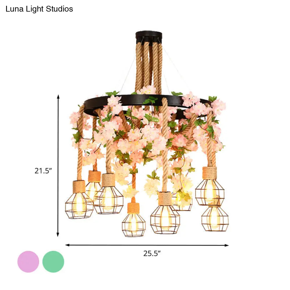 Hemp Rope Cluster Pendant With 8 Led Exposed Bulbs - Pink/Green Drop Lamp Flower/Plant Industrial