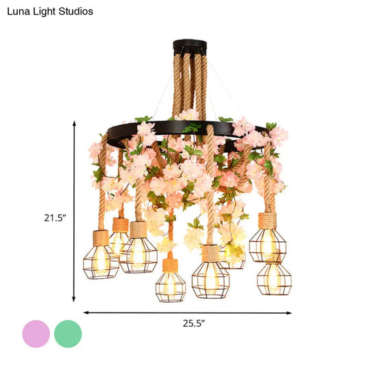 Hemp Rope Cluster Pendant With 8 Led Exposed Bulbs - Pink/Green Drop Lamp Flower/Plant Industrial