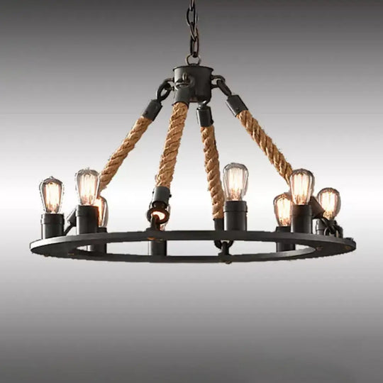 Industrial Hemp Rope Wagon Wheel Chandelier With 6/8 Black Pendant Lights For Living Room Ceiling 8