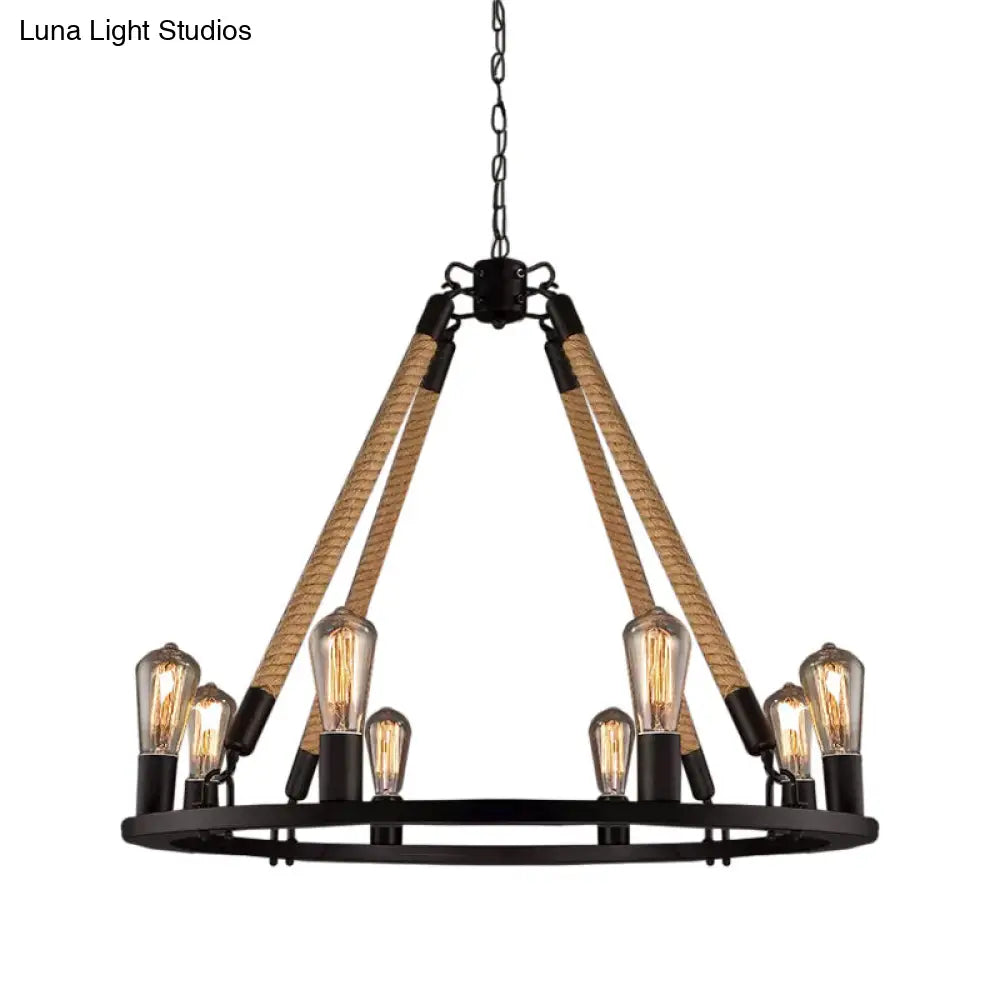 Industrial Hemp Rope Wagon Wheel Chandelier Pendant - Black 6/8 Lights For Living Room Ceiling Hang