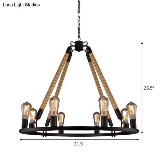 Industrial Hemp Rope Wagon Wheel Chandelier With 6/8 Black Pendant Lights For Living Room Ceiling