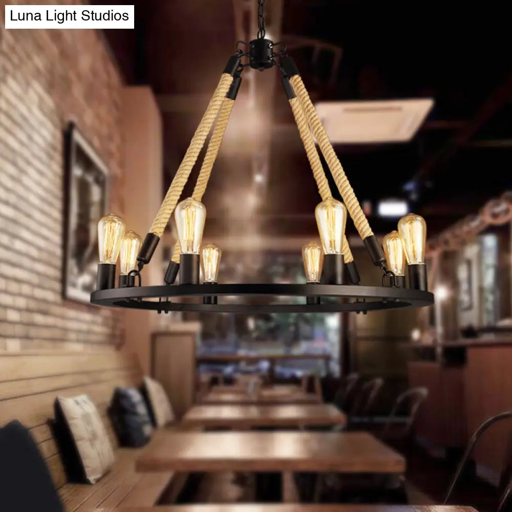 Industrial Hemp Rope Wagon Wheel Chandelier Pendant - Black 6/8 Lights For Living Room Ceiling Hang