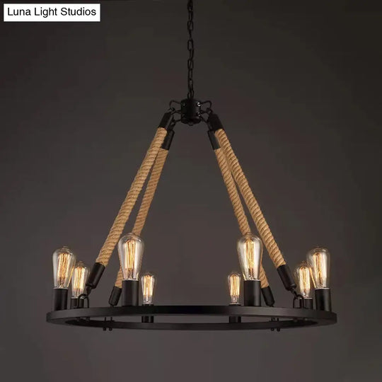 Industrial Hemp Rope Wagon Wheel Chandelier With 6/8 Black Pendant Lights For Living Room Ceiling