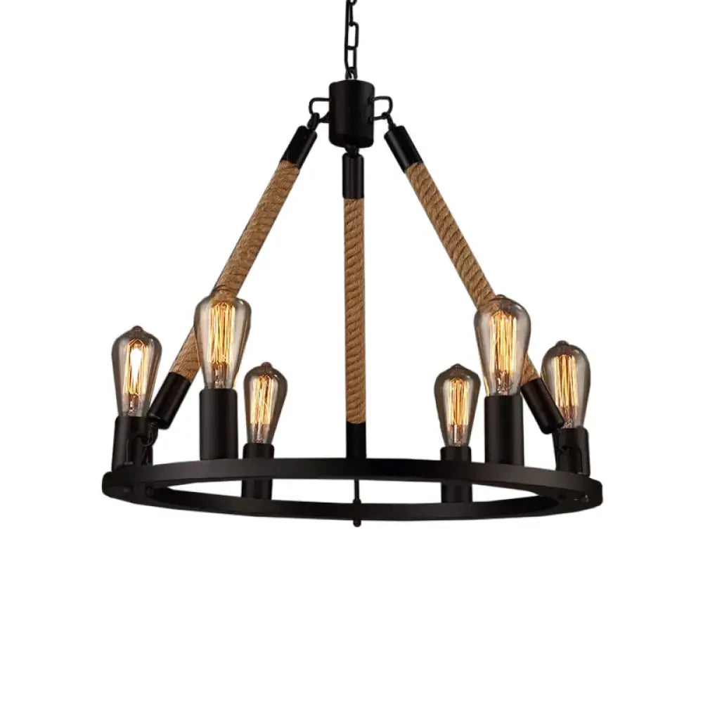 Industrial Hemp Rope Wagon Wheel Chandelier With 6/8 Black Pendant Lights For Living Room Ceiling 6
