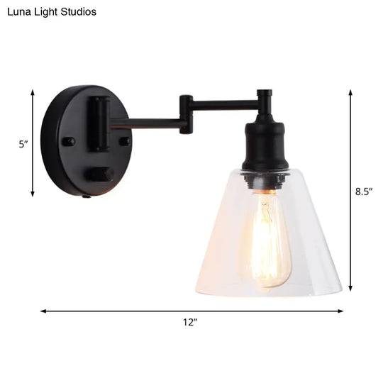 Industrial Indoor Wall Sconce With Clear Glass Cone Shade - Black Finish